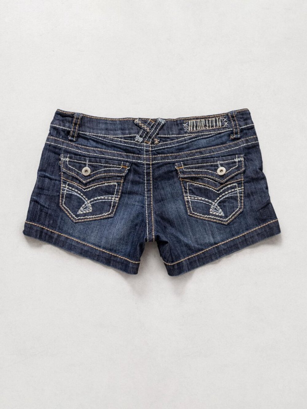 Y2K Low Rise Denim Shorts, Stretchy Embroidered Pockets, Size 11/12